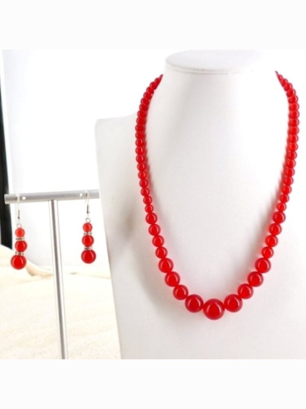Bright Red Necklace & Earring Set 925 Hooks Glass Beads & Crystal 18" - 21" NWOT